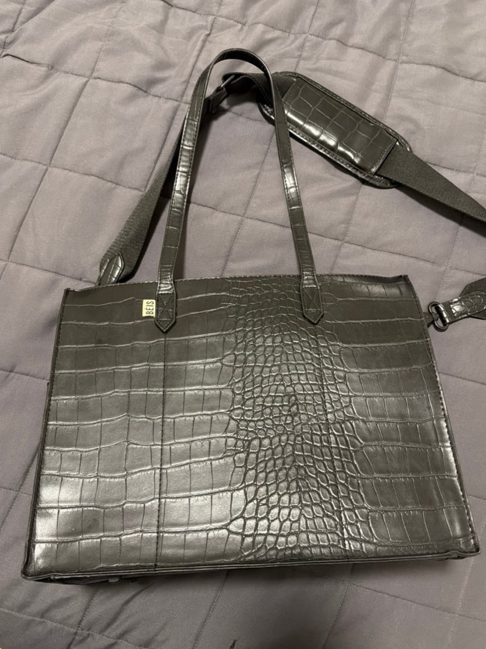 Beis Work Tote in Black Croc with detachable sleeve